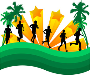 Athletes runners-abstract background with palm trees