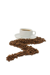 Cup from coffee on coffee grains isolated