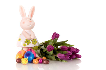 Purple Easter tulips bunny