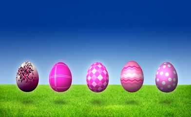 Five Purple Easter Eggs with colorful Striped