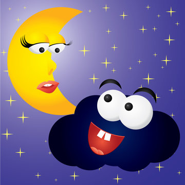 Moon-woman and cloud-man in night, vector illustration
