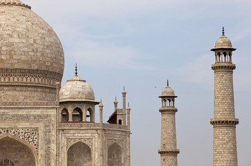 close-up of the Taj Mahal Mausoleum in Agra, India.
