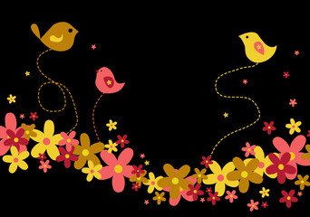 Flowers and birds on the black