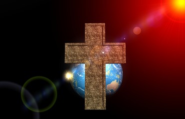 Cross in space in front of Earth