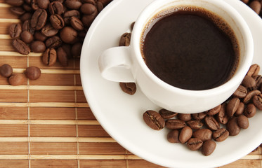 cup of cafe on a bamboo serviette kind from above