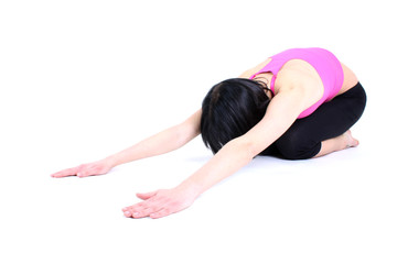 sitting woman in pink t-shirt doing yoga