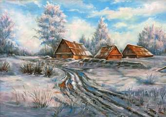 The winter rural landscape drawn by oil on a canvas