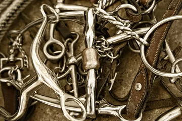 Crédence de cuisine en verre imprimé Léquitation Horse Bits, Tack Leather & Rope (Sepia)