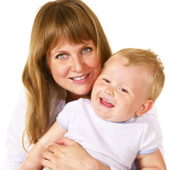 closeup portrait of happy mother with her litle son over white