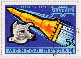 stamp printed in Mongolia shows Laika