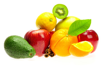 kiwi, avocado, apples, orange, lemon, and cinnamon