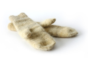 mittens of dog wool on white backgraund