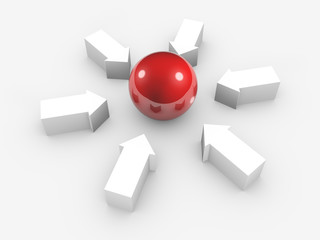 Conceptual image of sphere and arrows. Isolated.