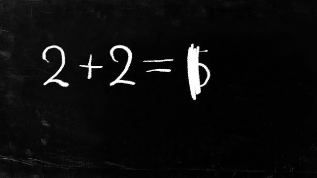 Simple math operation writing chalk on blackboard. 2+2=4