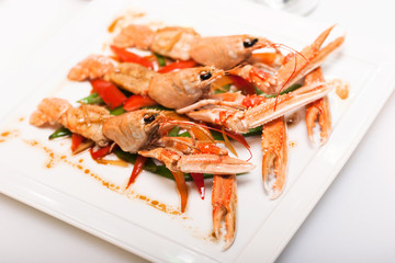 delicatessen dish with lobsters