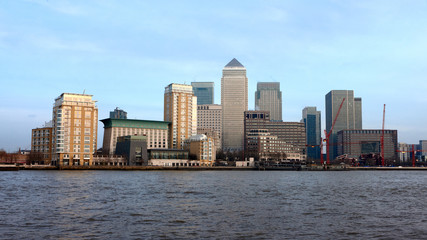 London Canary Wharf with bright blue sky