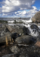 Waves hitting on rocks on archipelago of Bothnia Gulf, Finland.