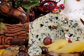close-up with french cheese and grapes