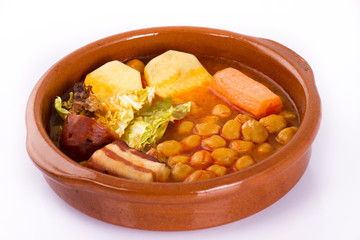 Madrid stew on earthenware pot, spanish food