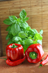Red peppers and basil leaves
