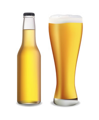 Beer bottle and glass. Vector illustration.
