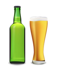 Beer bottle and glass. Vector illustration.