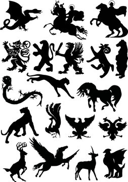 set of isolated heraldic animals