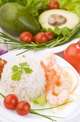 rice with king prawns close-up