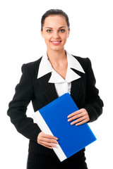 Portrait of businesswoman with folder, isolated on white