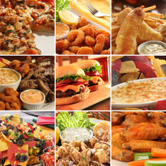 Collage of pub food.