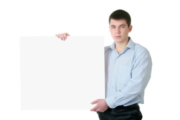 Business man holding blank board