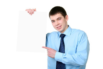 Business man holding blank board