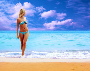 Young beautiful women on the sunny tropical beach in bikini