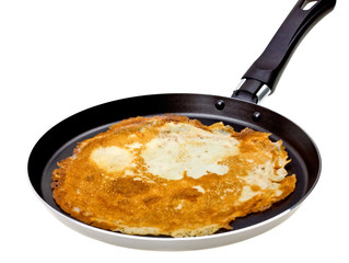 Pancake cooking in a pan isolated on white background