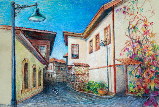 original art work in pastel. Old street