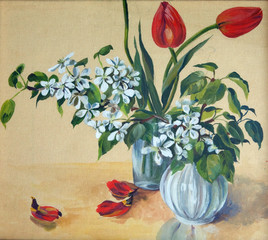 Tulips and cherry. Painting by a gouache