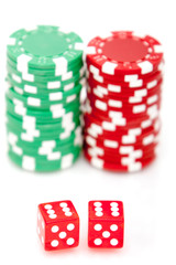 Colorful poker chips and dices