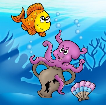 Cute octopus and orange fish