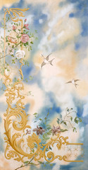 sky birds and flowers decorative painted composition
