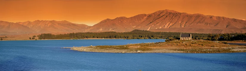 Foto op Plexiglas Panorama du lac tekappo, soleil couchant - New Zealand © Delphotostock