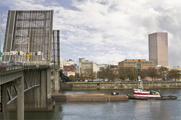 Tug Boat Under Bridge on River