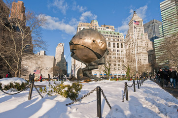 Battery Park, the Sphere and eternal flame 9 11 memorial
