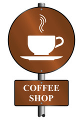 Coffee shop graphic and text sign mounted on post