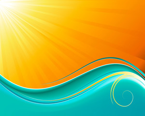 Sun-rays and wave blue vector background