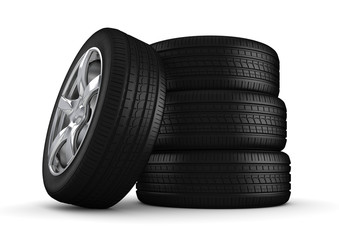 Four tires isolated close-up