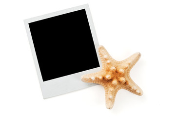 Fototapeta na wymiar Blank instant photo print and sea stars isolated on white