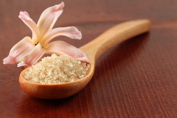 Cane sugar in a wooden spoon
