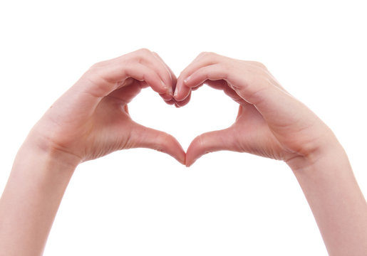 Hands in shape of heart over white background