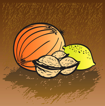 Illustration Ensemble de Fruits avec Melon, Citron et Noix, Nutrition végétarienne, Nourriture Saine, Véganisme