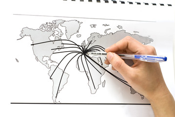 World map with lines between the world's cities